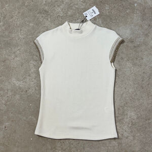 ZARA Mock Neck Cap Sleeve Sweater Top White Gold Trim Women’s Medium Modal NWT